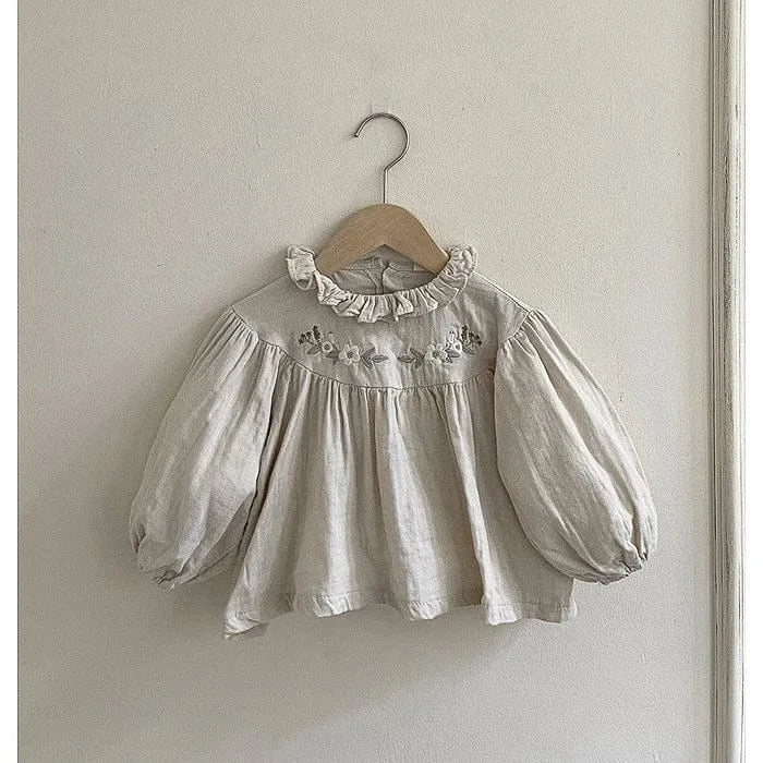 長袖シャツ・ブラウス Light Grey / 73cm ベビートップス 長袖ブラウス フラワー花柄刺繍 ライトグレー ベージュ 2カラー