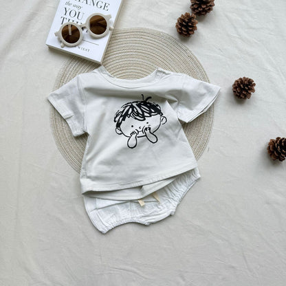 半袖セットアップ Light Grey / 73cm print short sleeve T-shirt + shorts suit【mh0009532】