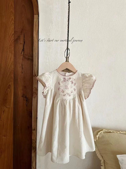 半袖ロンパース light khaki dress / 80cm ☺︎ ベビー キッズ フリルスリーブ うさぎ プリント 半袖 ロンパース ワンピース リンク 姉妹 お揃い コーデ ガールズ
