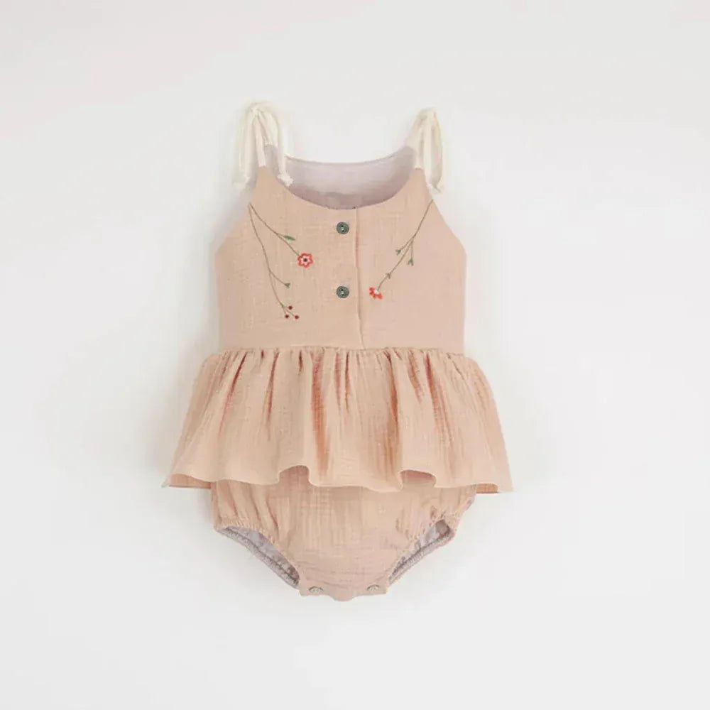 ノースリーブロンパース Light Pink / 0-6 Months 66cm ベビーロンパース キャミソールスカートボディスーツ フラワー花柄刺繍 3カラー【mh0005947】