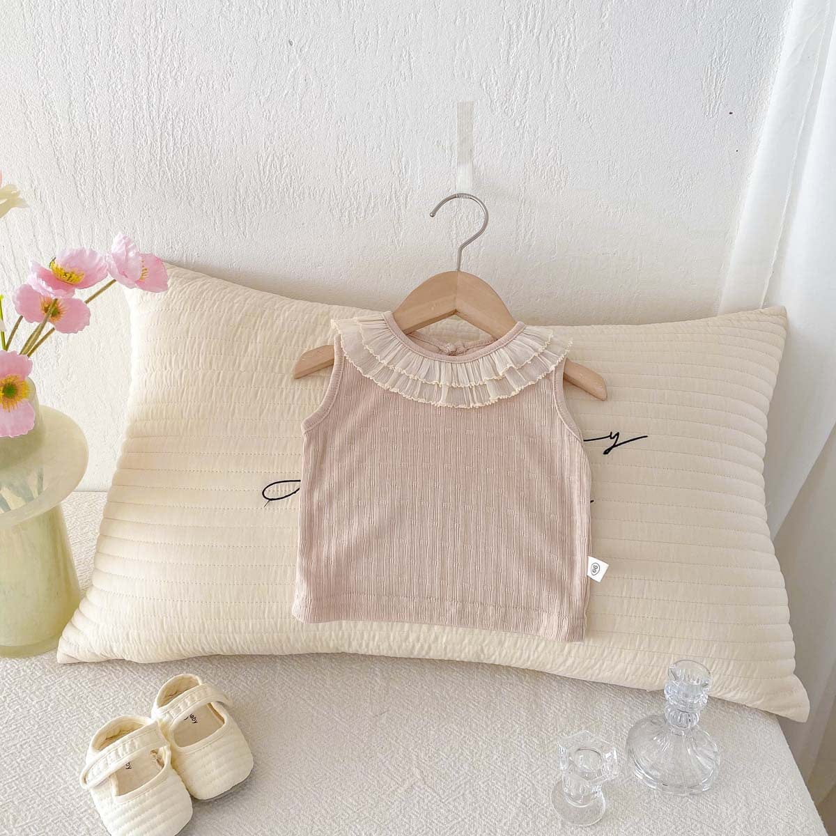 タンクトップ・キャミソール・ノースリーブトップス Light Pink / 66cm ラッフル襟ノースリーブTシャツ【mh0010342】