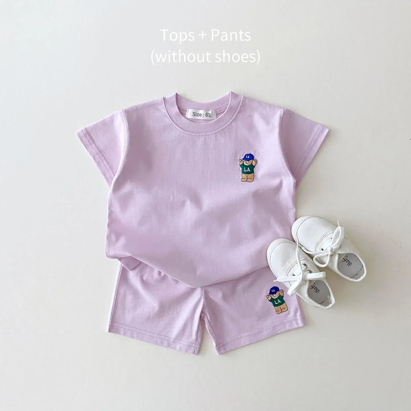 半袖セットアップ Light Purple / 73cm / 取り寄せ（3〜14日） ベビーキッズセットアップ 2点セット 半袖Tシャツ+ショートパンツ ベアくま刺繍 6カラー【mh0005629】
