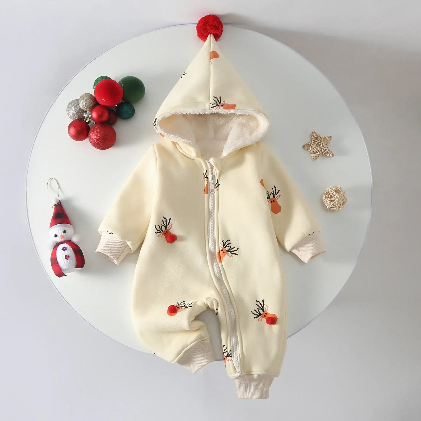 アウタージャンプスーツ Light Yellow / 66cm 0-6m ベビーアウタージャンプスーツ トナカイプリントポンポン付きとんがりフーディ裏フリースジップアップ長袖ロンパース【mh0007544】