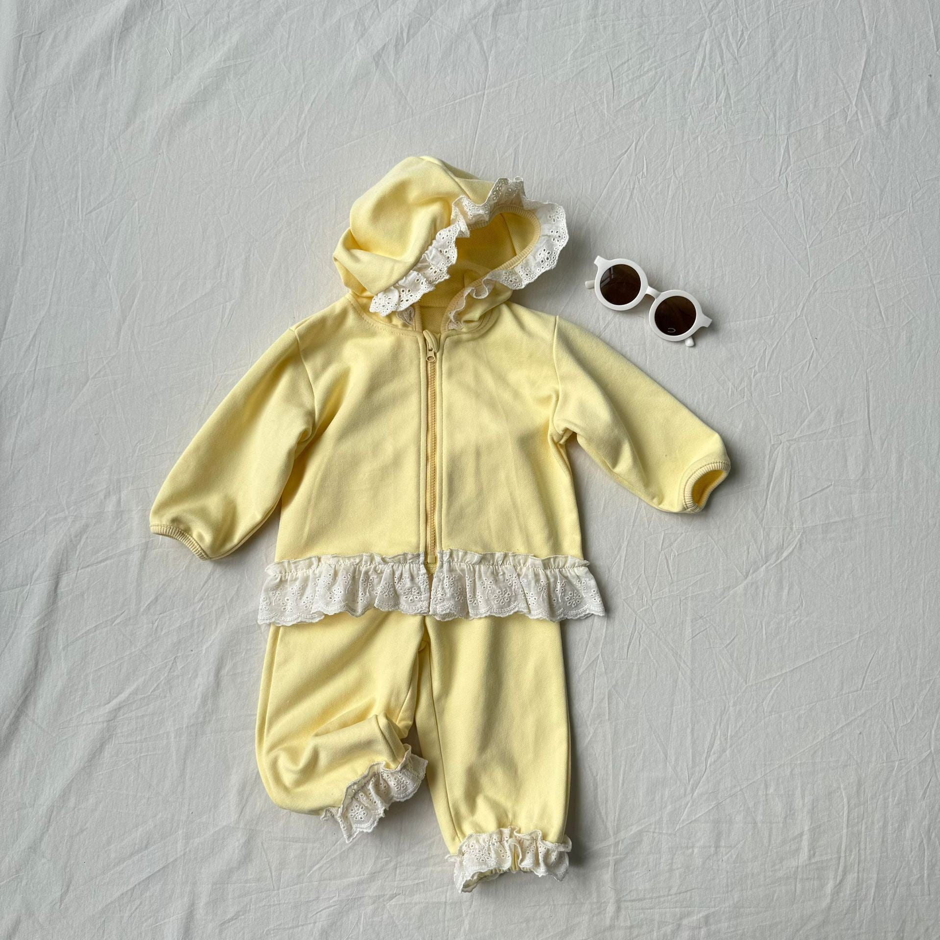 長袖セットアップ Light Yellow / 73cm レースフリル付きセットアップ ジップアップフーディ+パンツ 2点セット【mh0010792】