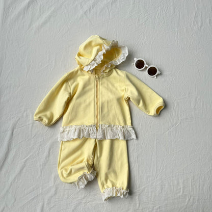 長袖セットアップ Light Yellow / 73cm レースフリル付きセットアップ ジップアップフーディ+パンツ 2点セット【mh0010792】