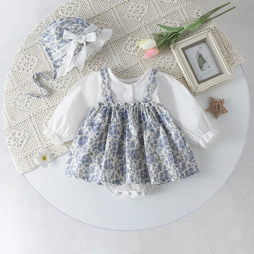 長袖ロンパース long sleeve / 66cm 0-6m ベビーロンパース フラワープリントワンピースドッキング長袖/半袖ボディスーツ+ボンネット帽子セット【mh0007548】