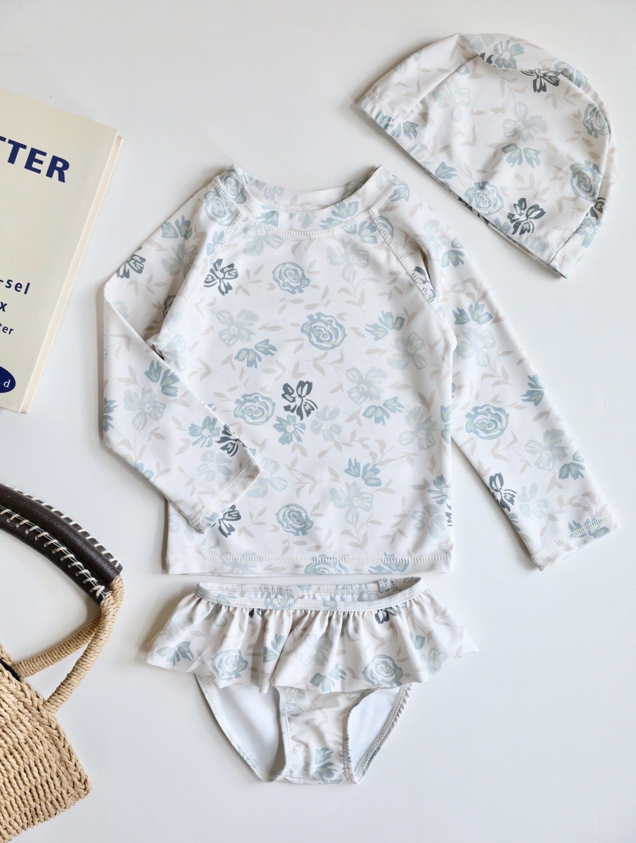 ベビー用水着 Long-sleeved split gray and green flowers / 80 ガールズ水着 長袖セパレートスイムウェア ラッシュガード【mh0009351】