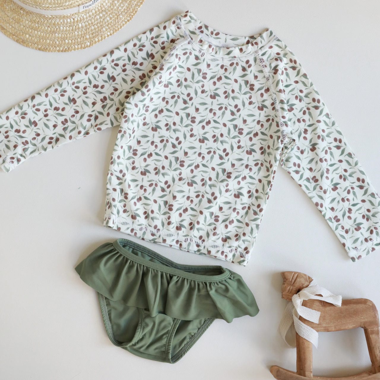 ベビー用水着 Long-sleeved split green olives / 80 ガールズ水着 長袖セパレートスイムウェア ラッシュガード【mh0009344】