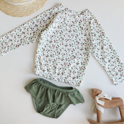 ベビー用水着 Long-sleeved split green olives / 80 ガールズ水着 長袖セパレートスイムウェア ラッシュガード【mh0009344】