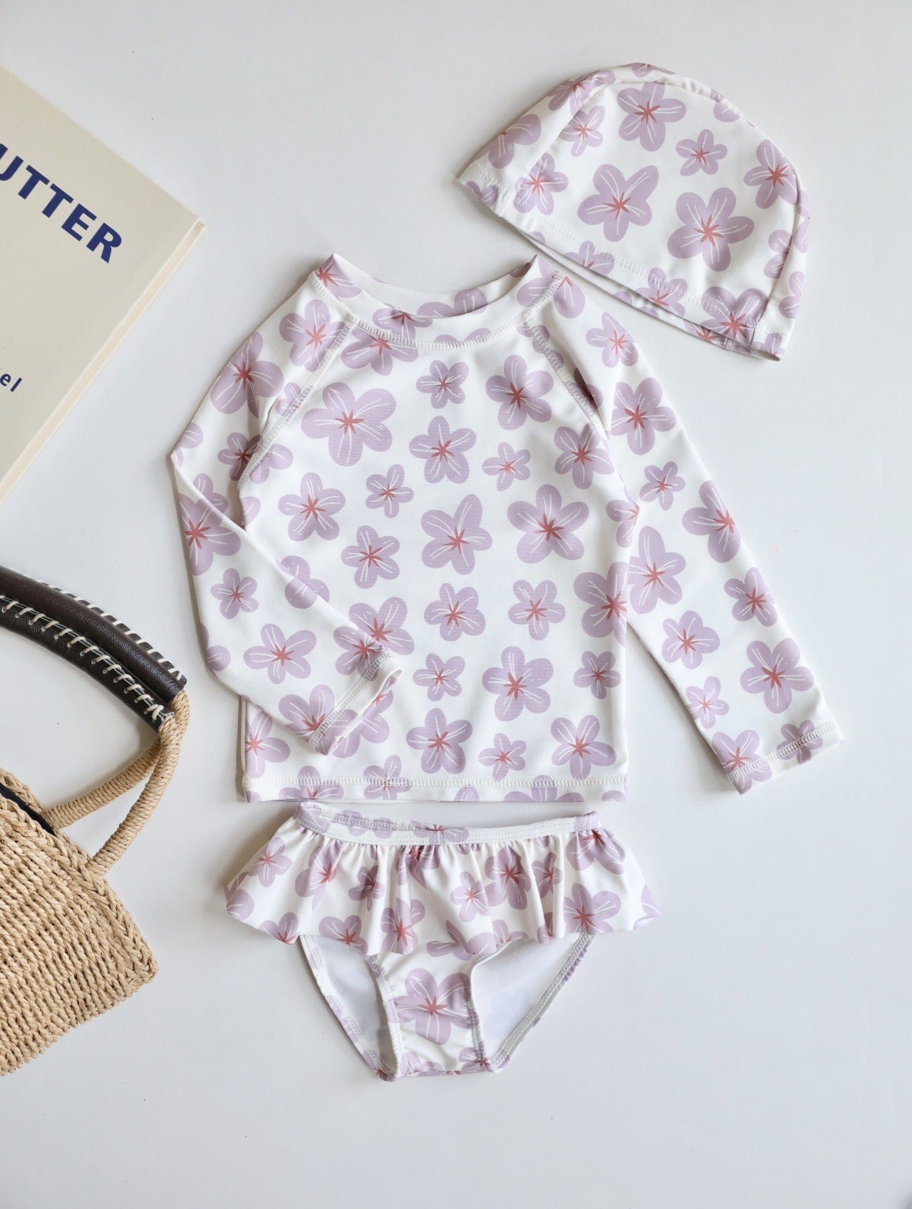 ベビー用水着 Long-sleeved split pink purple flower / 80 ガールズ水着 長袖セパレートスイムウェア ラッシュガード【mh0009351】