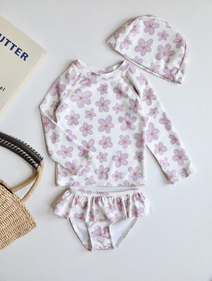 ベビー用水着 Long-sleeved split pink purple flower / 80 ガールズ水着 長袖セパレートスイムウェア ラッシュガード【mh0009351】