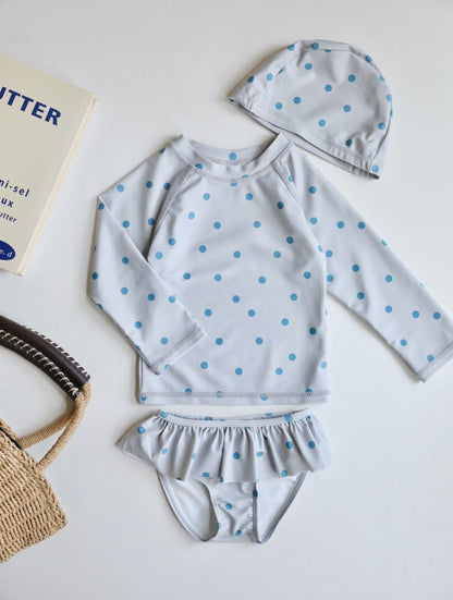 ベビー用水着 Long sleeves split cream green polka dots / 80 ガールズ水着 長袖セパレートスイムウェア ラッシュガード【mh0009351】