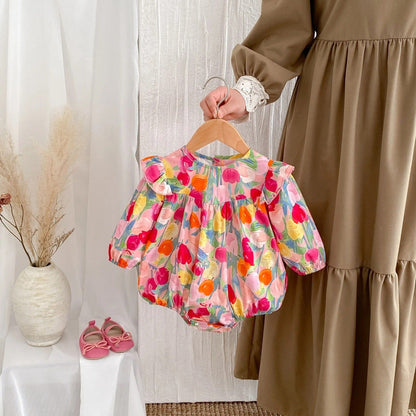半袖ロンパース longsleeve romper / 66cm 0-6m ベビーロンパース フリルスリーブボディスーツ カラフルチューリッププリント【mh0005611】