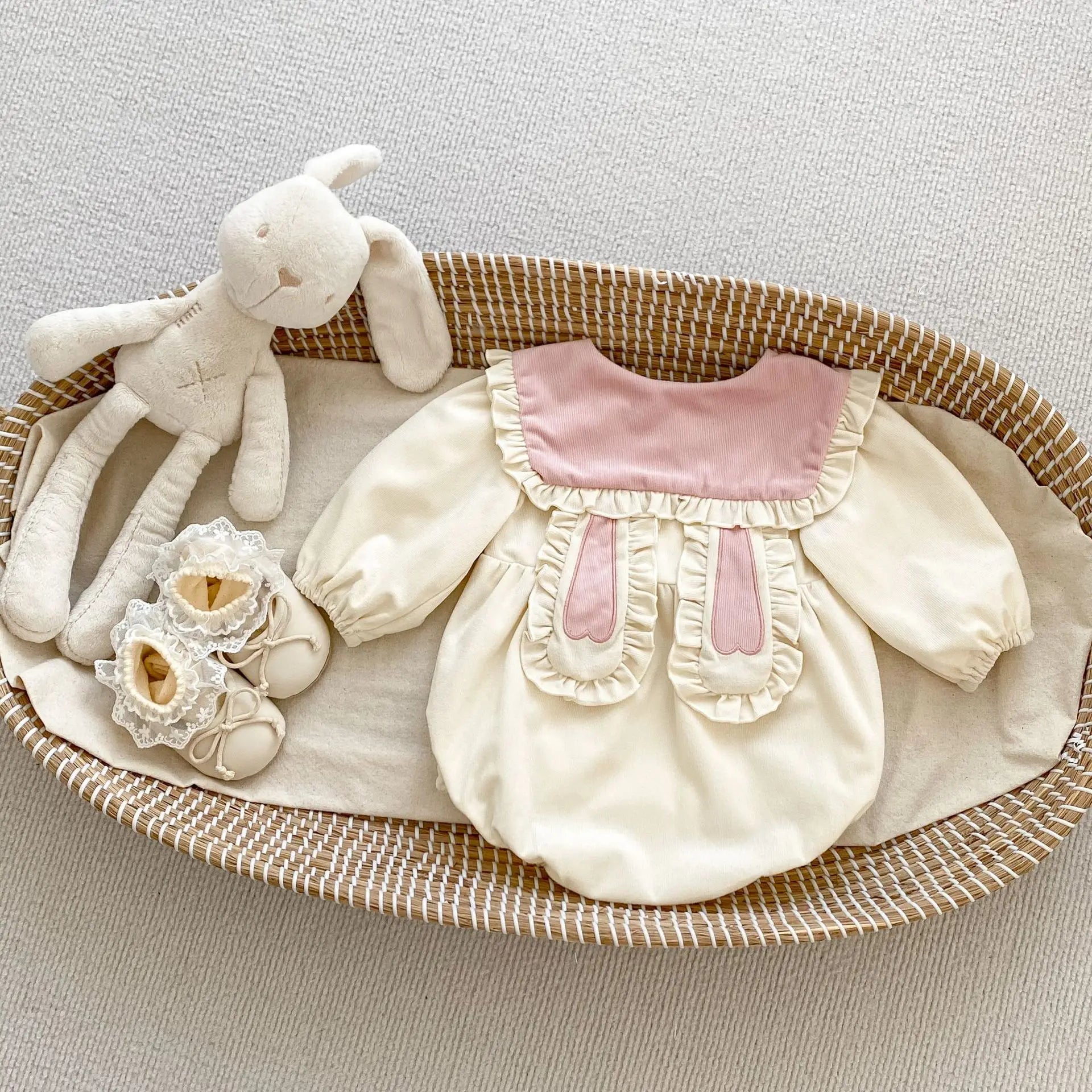 長袖ロンパース ベビーロンパース うさ耳フリル襟長袖ボディスーツ【mh-0008547】