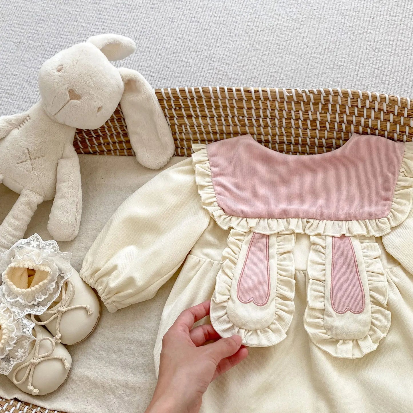 長袖ロンパース ベビーロンパース うさ耳フリル襟長袖ボディスーツ【mh-0008547】