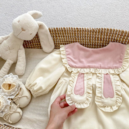長袖ロンパース ベビーロンパース うさ耳フリル襟長袖ボディスーツ【mh-0008547】