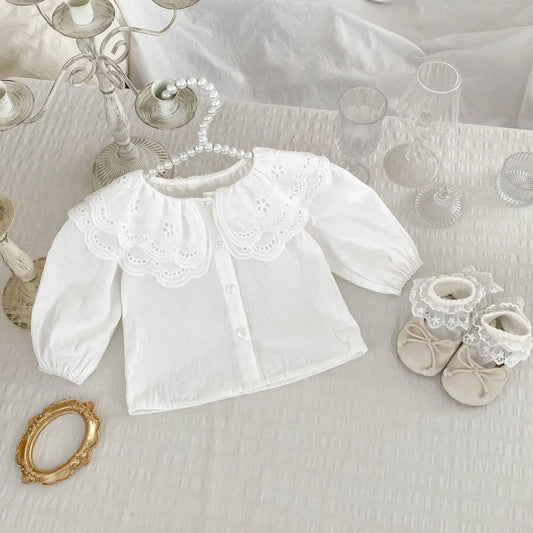 長袖シャツ・ブラウス ベビートップス ダブルレースビッグ襟長袖ブラウスシャツ【mh-0008556】