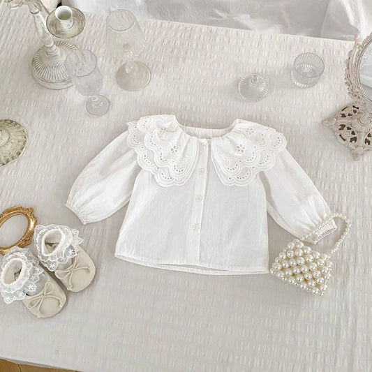 長袖シャツ・ブラウス ベビートップス ダブルレースビッグ襟長袖ブラウスシャツ【mh-0008556】