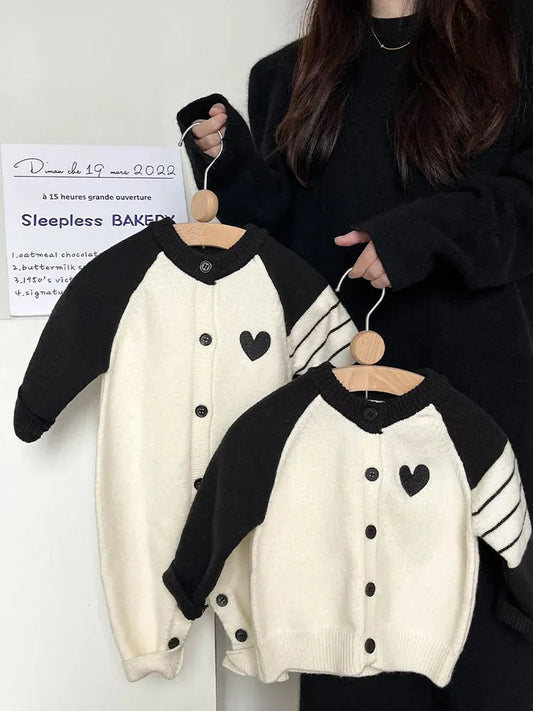 長袖ロンパース ベビーカーディガン/ジャンプスーツ ハートラグランパッチワークニットジャケット/ロンパース【mh-0008606】