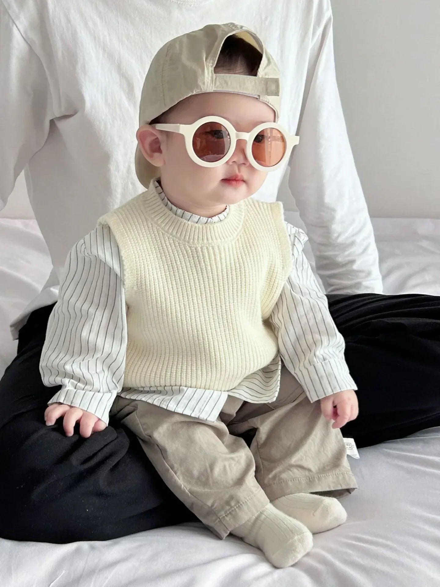 長袖セットアップ ベビーキッズベスト/トップス/パンツ ストライプ長袖シャツ/ニットジレベスト/ポケットロングルーズパンツ【mh-0008608】