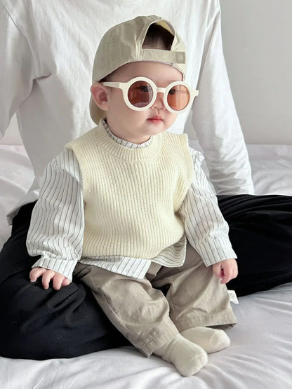 長袖セットアップ ベビーキッズベスト/トップス/パンツ ストライプ長袖シャツ/ニットジレベスト/ポケットロングルーズパンツ【mh-0008608】