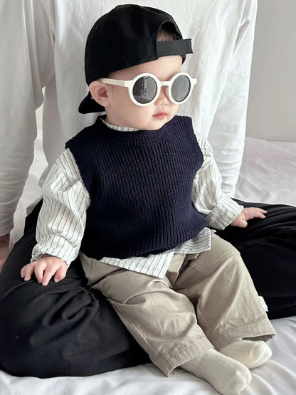 長袖セットアップ ベビーキッズベスト/トップス/パンツ ストライプ長袖シャツ/ニットジレベスト/ポケットロングルーズパンツ【mh-0008608】