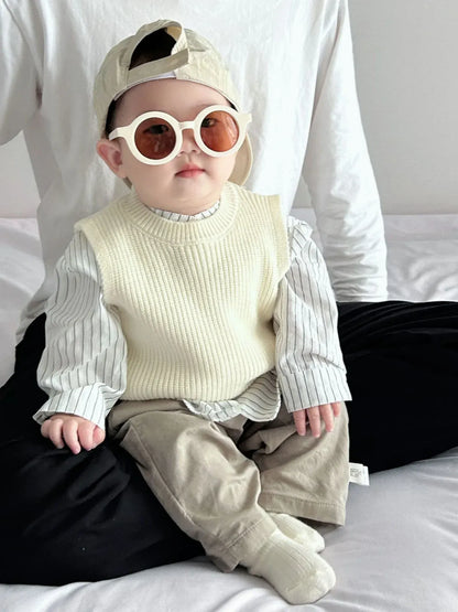 長袖セットアップ ベビーキッズベスト/トップス/パンツ ストライプ長袖シャツ/ニットジレベスト/ポケットロングルーズパンツ【mh-0008608】