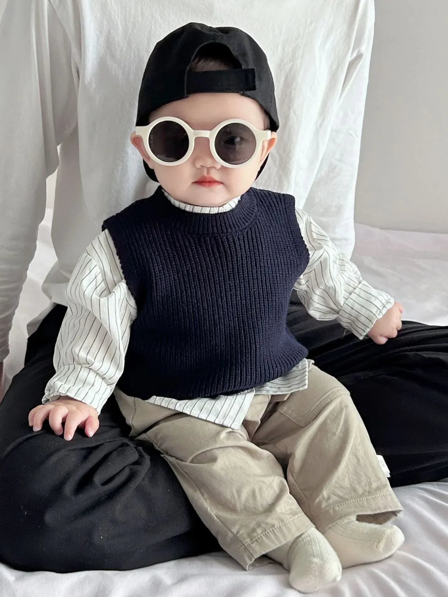 長袖セットアップ ベビーキッズベスト/トップス/パンツ ストライプ長袖シャツ/ニットジレベスト/ポケットロングルーズパンツ【mh-0008608】