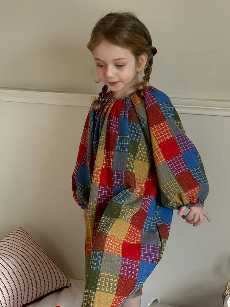 長袖ワンピース キッズワンピース カラフルチェック長袖スモックワンピース【mh-0008670】