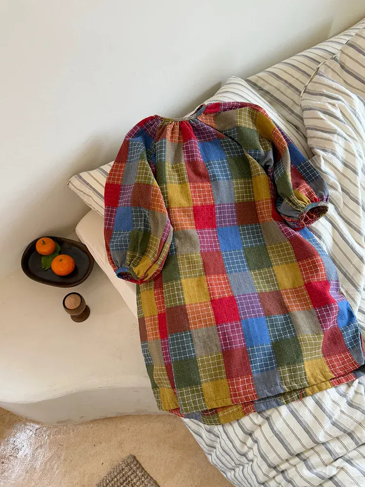 長袖ワンピース キッズワンピース カラフルチェック長袖スモックワンピース【mh-0008670】