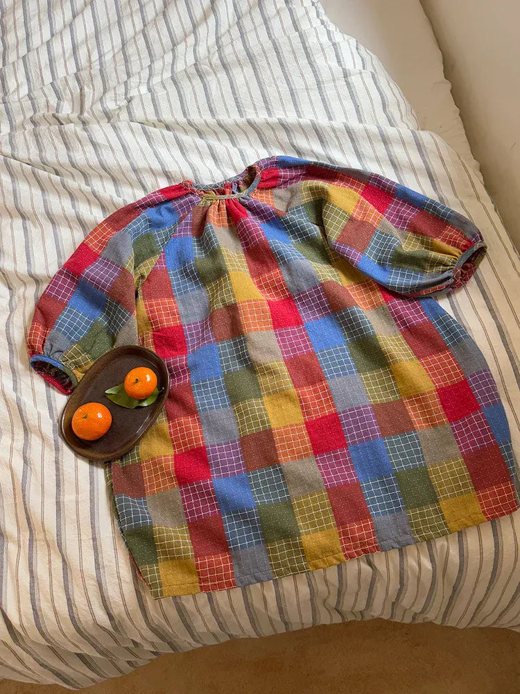 長袖ワンピース キッズワンピース カラフルチェック長袖スモックワンピース【mh-0008670】