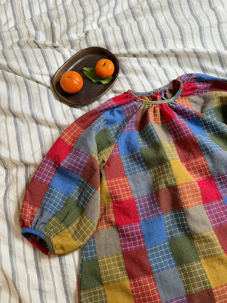 長袖ワンピース キッズワンピース カラフルチェック長袖スモックワンピース【mh-0008670】