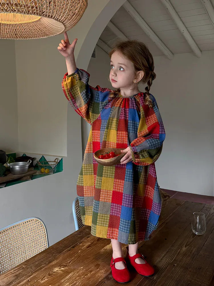 長袖ワンピース キッズワンピース カラフルチェック長袖スモックワンピース【mh-0008670】