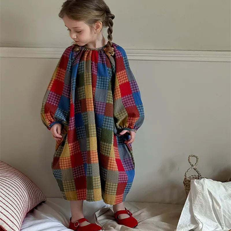 長袖ワンピース キッズワンピース カラフルチェック長袖スモックワンピース【mh-0008670】