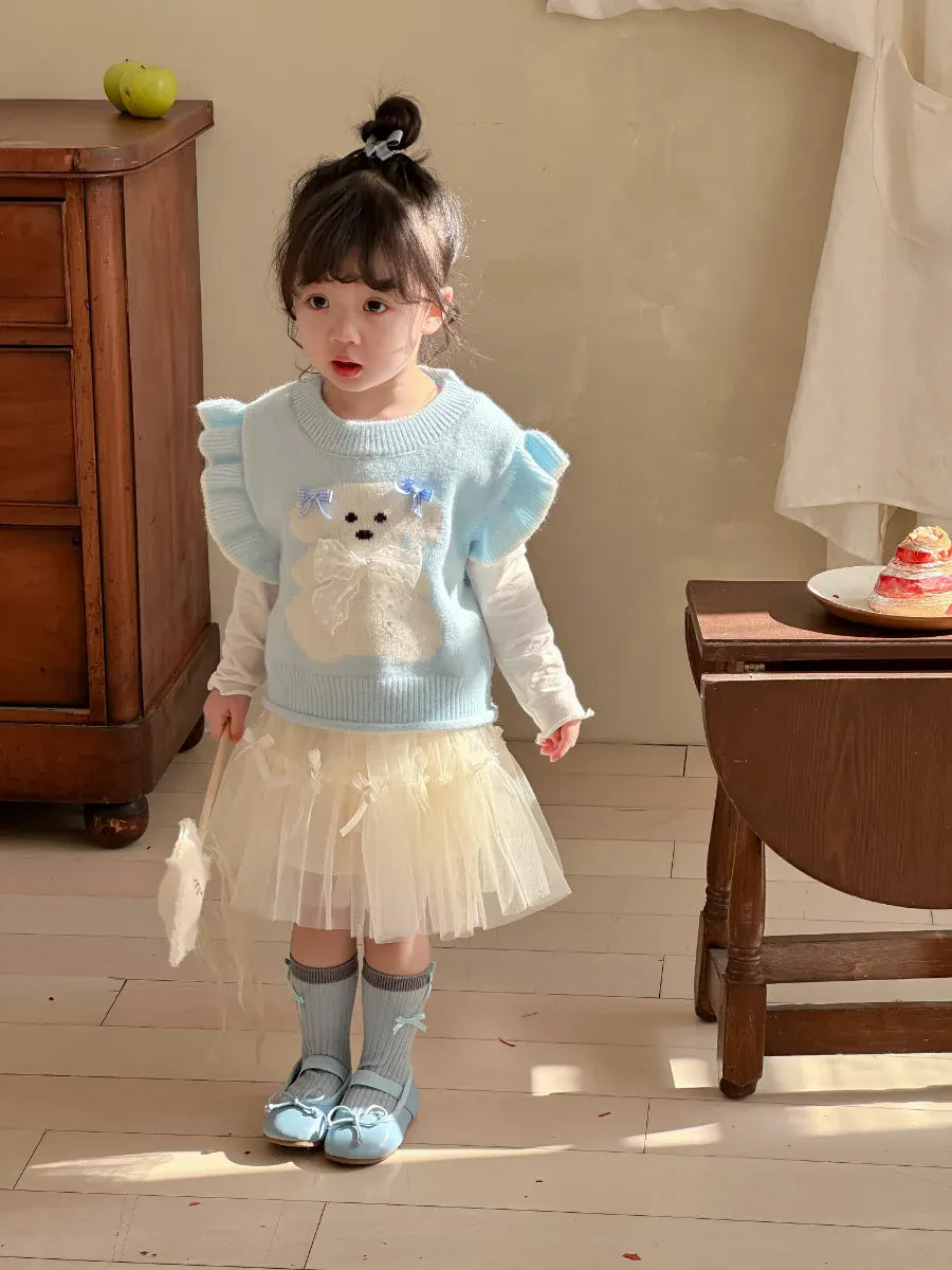 ベスト キッズベスト アニマルリボンラッフルフリルショルダーニットベスト【mh-0008677】