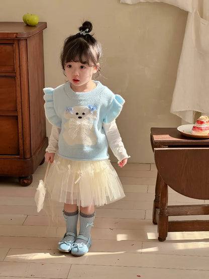 ベスト キッズベスト アニマルリボンラッフルフリルショルダーニットベスト【mh-0008677】