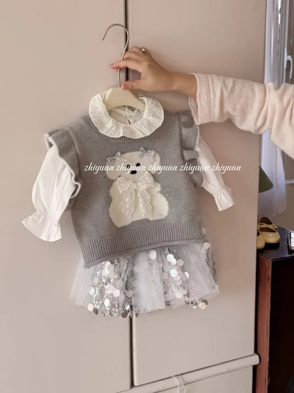 ベスト キッズベスト アニマルリボンラッフルフリルショルダーニットベスト【mh-0008677】