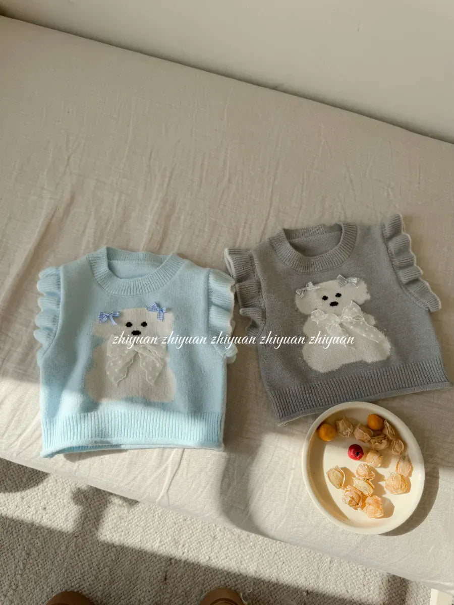 ベスト キッズベスト アニマルリボンラッフルフリルショルダーニットベスト【mh-0008677】