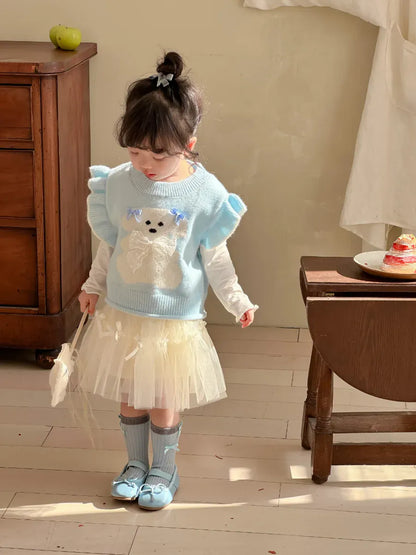 ベスト キッズベスト アニマルリボンラッフルフリルショルダーニットベスト【mh-0008677】