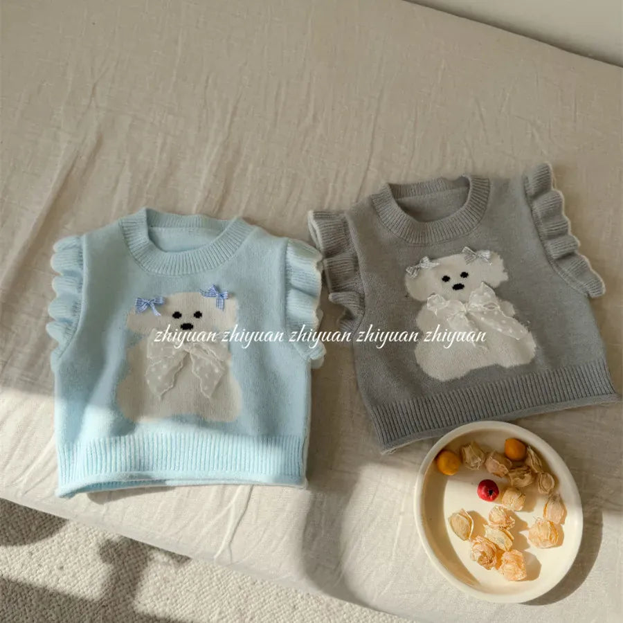 ベスト キッズベスト アニマルリボンラッフルフリルショルダーニットベスト【mh-0008677】