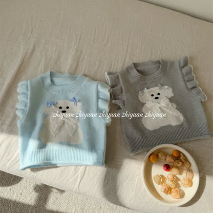 ベスト キッズベスト アニマルリボンラッフルフリルショルダーニットベスト【mh-0008677】