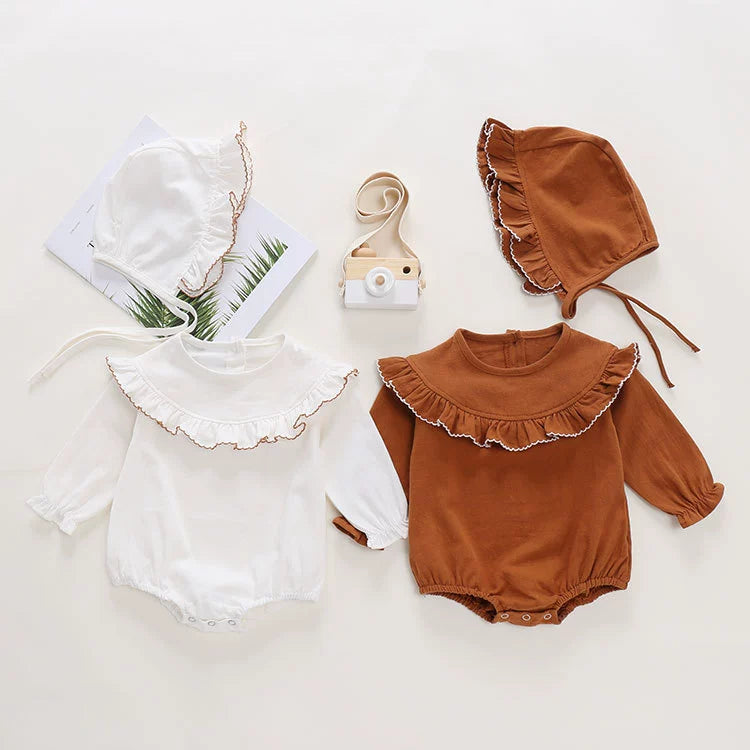 長袖ロンパース ベビー フリル ロンパース 帽子 セット【mh0001403】