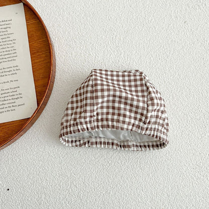 ベビー用水着 ベビー 水着 チェック リボン 半袖 シフォン パフスリーブ ワンピース ラッシュガード スイムウェア 帽子 セット ブラウン ガールズ【mh0001975】