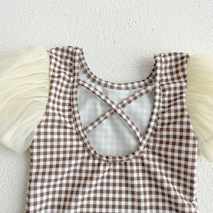 ベビー用水着 ベビー 水着 チェック リボン 半袖 シフォン パフスリーブ ワンピース ラッシュガード スイムウェア 帽子 セット ブラウン ガールズ【mh0001975】