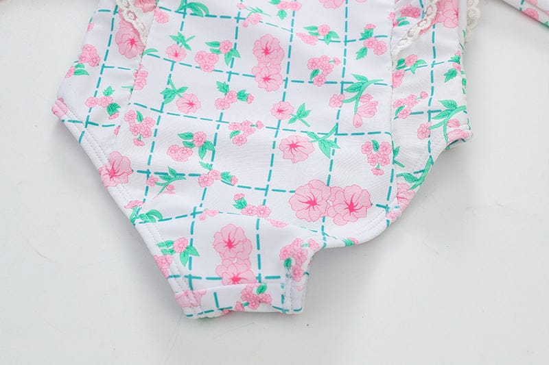 ベビー用水着 キッズ 水着 長袖 ワンピース フリル フラワー 花柄 チェック スイムウェア 帽子 セット ガールズ【mh0001992】