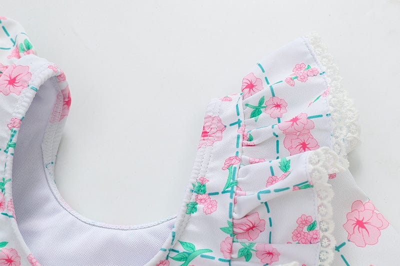 ベビー用水着 キッズ 水着 長袖 ワンピース フリル フラワー 花柄 チェック スイムウェア 帽子 セット ガールズ【mh0001992】