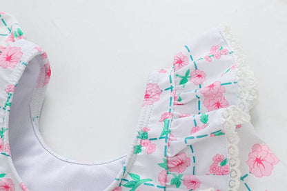 ベビー用水着 キッズ 水着 長袖 ワンピース フリル フラワー 花柄 チェック スイムウェア 帽子 セット ガールズ【mh0001992】