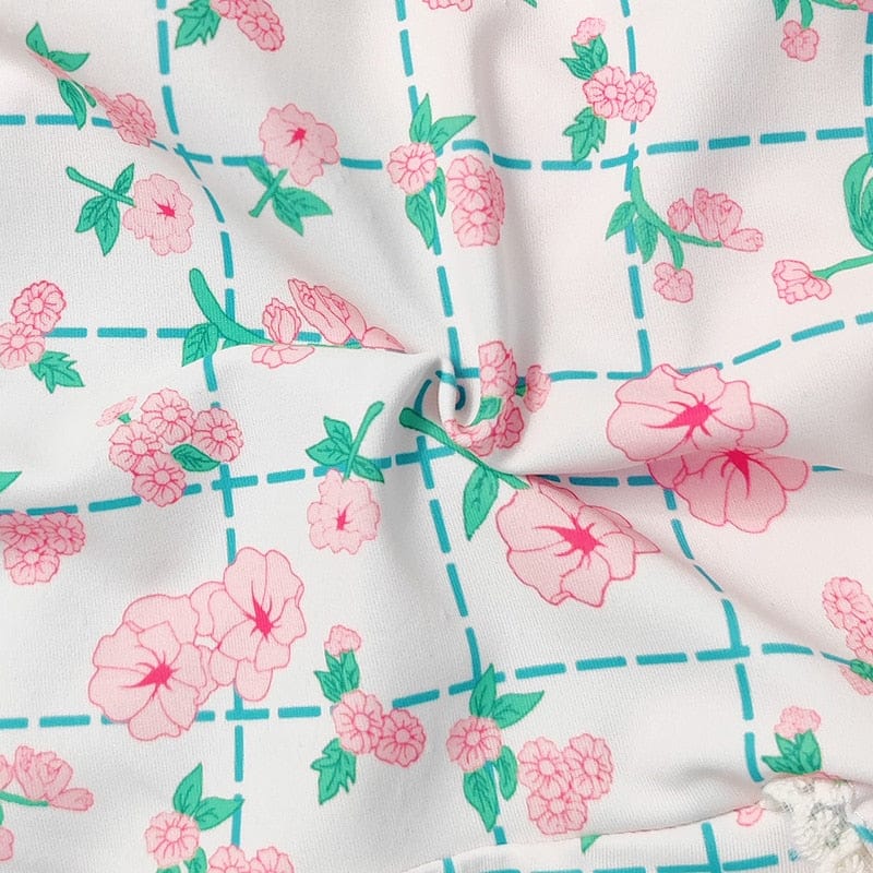 ベビー用水着 キッズ 水着 長袖 ワンピース フリル フラワー 花柄 チェック スイムウェア 帽子 セット ガールズ【mh0001992】