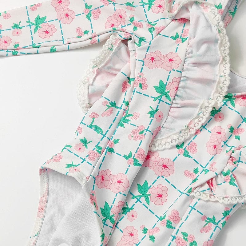 ベビー用水着 キッズ 水着 長袖 ワンピース フリル フラワー 花柄 チェック スイムウェア 帽子 セット ガールズ【mh0001992】
