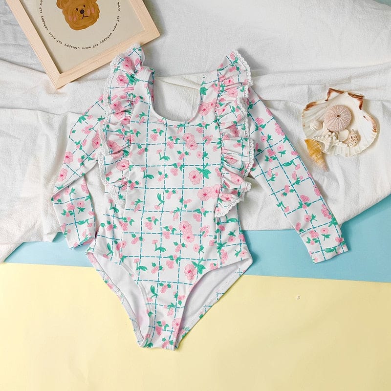 ベビー用水着 キッズ 水着 長袖 ワンピース フリル フラワー 花柄 チェック スイムウェア 帽子 セット ガールズ【mh0001992】